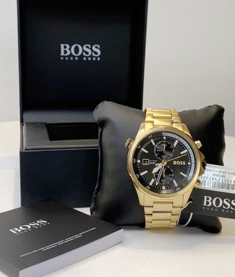 HUGO BOSS Globetrotter 黑色面錶盤 金色不鏽鋼錶帶 石英 雙眼計時 男士手錶 1513932