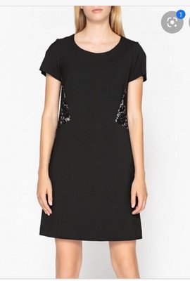 法國品牌Gerard Darel黑色經典洋裝腰間以蕾絲布修飾，尺寸FR44，僅此一件，大尺寸短袖洋裝