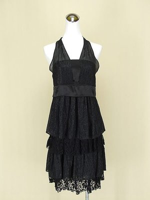 貞新 WEALTH HONOR 山型屋 黑色平口無袖蕾絲緞面雪紡紗洋裝蛋糕裙S號(56922)