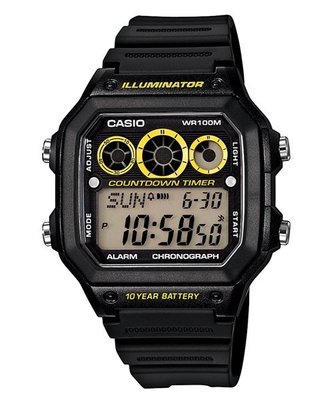CASIO 10年電力電子錶款.防水100米、世界時間、計時碼錶(AE-1300 WH - 1A)學生錶