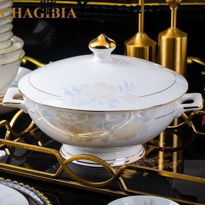 熱銷 CHAGIBIA景德鎮高檔新中式骨瓷餐具套裝喬遷金邊碗碟碗盤套裝家用 可開發票