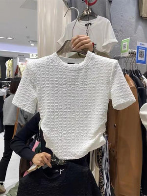 韓國東大門2024夏季新款百搭顯瘦短款褶皺圓領短袖T恤女白色上衣