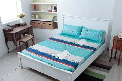 純棉床包【北極熊-藍色】雙人床包枕頭套三件組(不含被套),台灣製,100%純棉