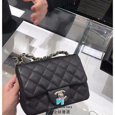 CHANEL 小牛皮荔枝紋 黑色 金鍊/銀鍊 MINI COCO SQUARE 17CM正方 A35200