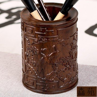 熱銷  紅木筆筒木雕刻實木工藝品擺件黑檀木辦公禮品創意木質筆筒F1154
