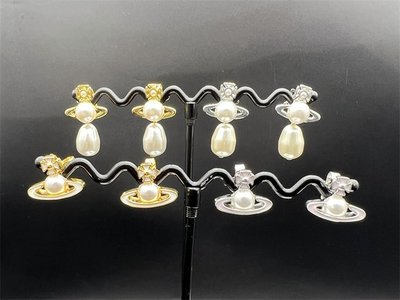 【熱賣精選】薇薇安Vivienne Westwood 金銀色半面珍珠可拆卸水滴珍珠土星耳釘A8310