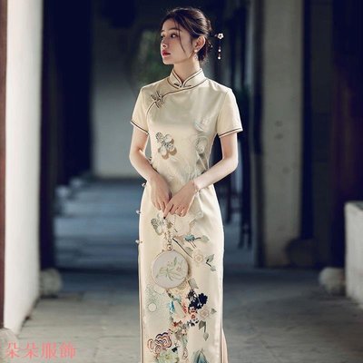 【S-2XL】旗袍復古氣質年輕款改良連身裙高級老上海少女夏季長款旗袍長版洋裝