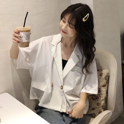 純色小西裝短袖上衣夏季2019新款氣質韓國女裝西服白色外套顯瘦潮