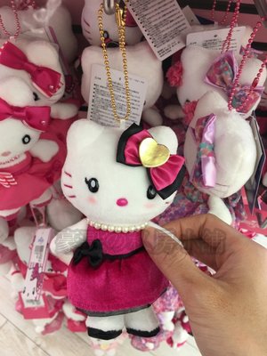 日本代購 日本環球影城 HELLO KITTY 珍珠條紋蝴蝶結 紗裙 碎花洋裝 貴婦 Q版 娃娃吊飾 週週進環球喔