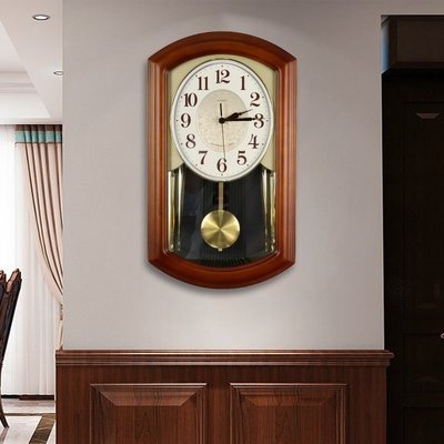 新店促銷新中式鐘表客廳家用創意掛鐘整點報時大氣實木掛墻時鐘靜音石英鐘促銷活動
