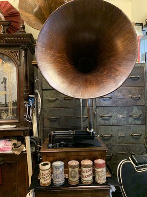 美國 1889年 Thomas A Edison 滾筒式 留聲機 原廠 鵝頸式木製大喇叭