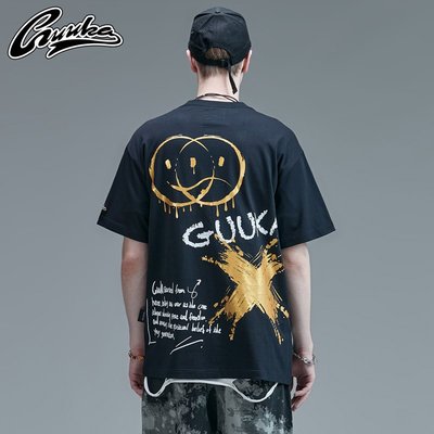 GUUKA潮牌短袖T恤男夏季 學生嘻哈哭笑臉刷漆印花運動五分袖T寬松