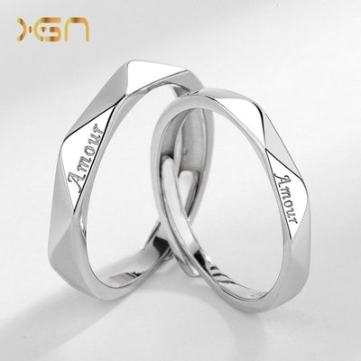 戒指新概念s925純銀Amour法文情侶戒指男女一對韓版簡約素圈菱形對戒