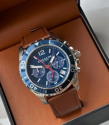 COACH Kent 藍色面錶盤 棕色皮革錶帶 石英 三眼計時 男士手錶 14602560