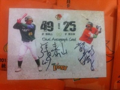 2013 統一獅隊球員卡 張泰山/鄧志偉 雙人親筆簽名卡 限量10張