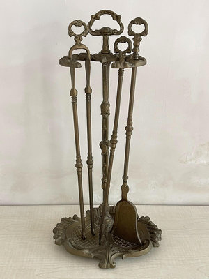【二手】德國中古，老黃銅工具，壁爐用具（4件套）。Vintage8653【木清院】銅器 佛像 擺件