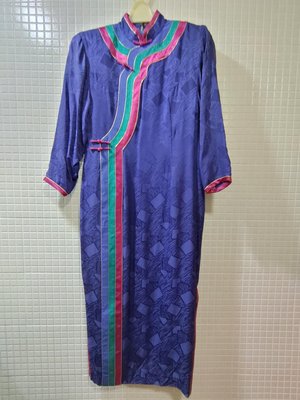 中國風藍色印花五分袖長旗袍 長洋裝 禮服宴會服 Size:13
