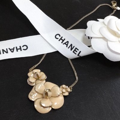Chanel vintage香奈兒復古超美粉色立體花朵山茶花淡金色古董項鍊 項鏈