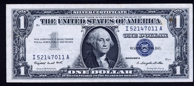 美國 1957年A版  (銀幣券) 8成左右品相！有黃漬 紙幣 紀念鈔 紙鈔【悠然居】73