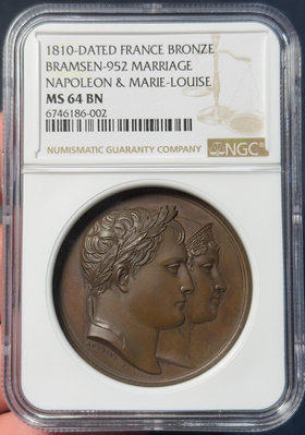 （可議價）-二手 NGC-MS64 法國1810年拿破侖結婚紀念銅章 原鑄 銀幣 錢幣 紀念幣【古幣之緣】1858