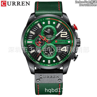 curren卡瑞恩8393男士六針石英手錶 皮革大錶盤中性日曆腕錶