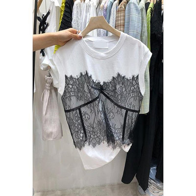 韓國東大門2024夏季新款時尚圓領蕾絲拼接洋氣百搭無袖T恤女上衣