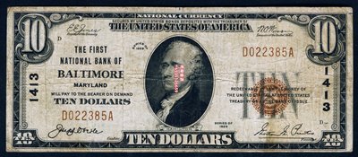 美國1929年版10國民銀行券(巴爾的摩第一國民銀行) 7成左右品相 紙鈔 錢幣 紀念鈔【奇摩優選】