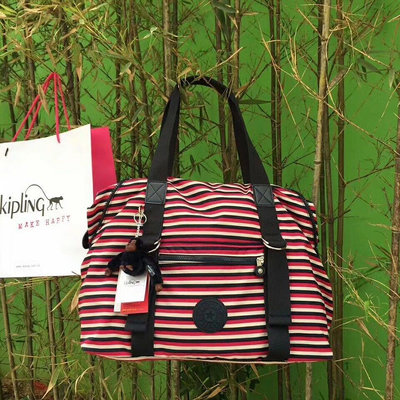 小Z代購#Kipling 猴子包 紅藍條紋 休閒輕量防水肩背手提包 旅行袋 大款