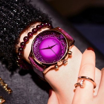 2018新款古歐guou時尚水鑽果凍鏡面錶盤皮帶女錶學生休閒石英表