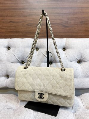 （已售出）Chanel 二手真品 vintage 古董 亞麻 布面 銀鍊 米色 雙蓋 CF coco 25 cm
