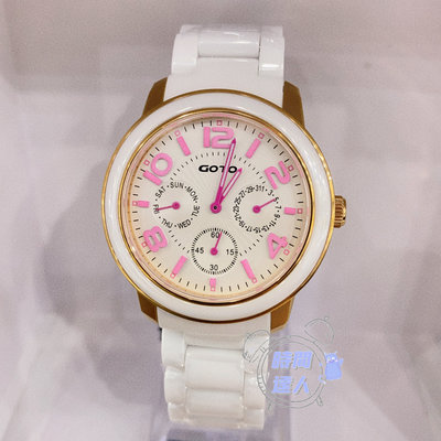 [時間達人]GOTO 躍色純粹時尚純白陶瓷手錶- 三眼手錶 星期 日期 IP玫x玫刻度(GC6106M) 白面