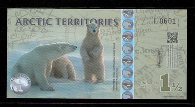 【低價外鈔】北極2014年1.5Dollars塑膠鈔一枚，北極熊圖案，新發行！