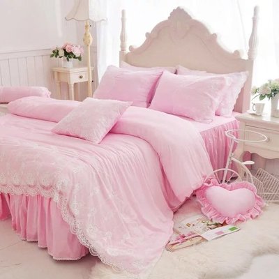 天絲床罩 加大雙人床罩 公主風床罩 綻放 粉紅色蕾絲床罩 結婚床罩 床裙組 荷葉邊 100%天絲 tencel 佛你