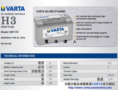 《鋐瑞電池》汽車電池 德國VARTA(H3 100AH) 60044 60011 60019 100AH 自取交換價