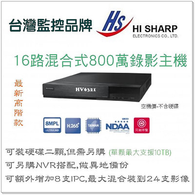 花媽監視器 HISHARP H.265 昇銳電子 16路 8聲 8MP 800萬 4K 雙碟 台灣製 監視器 HS-HV6321 多合一錄放影機
