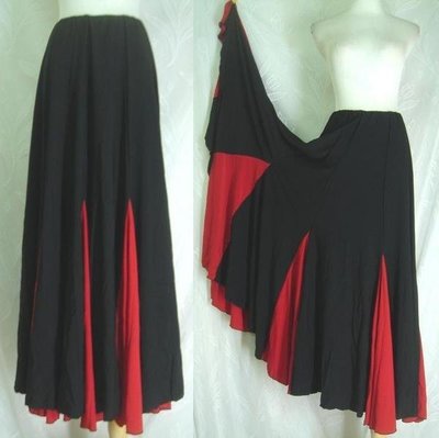 鴨米衣舖黑色佛朗明哥習舞裙紅色相接裙尾奶絲長裙腰圍26-36吋