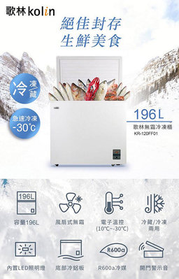 KOLIN歌林 196公升 臥式上掀式兩用冷凍櫃冷藏櫃 KR-120FF01 風扇式無霜 全機一年保固