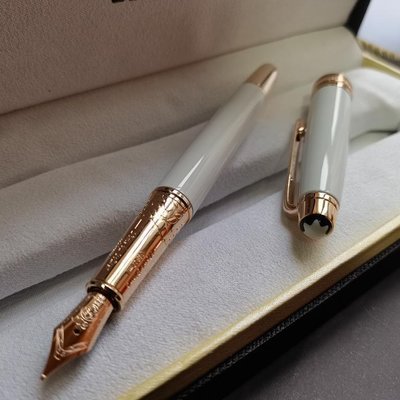 下殺-全新商品 MONTBLANC 萬寶龍筆勃朗峰163系列陶瓷白玫瑰金色鋼筆簽字筆寶珠筆