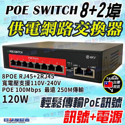 目擊者 PoE 供電網路交換器 8+2埠 網路交換機 8路 10路 路由器 IP 網路 分享器 監控 攝影機 1080P