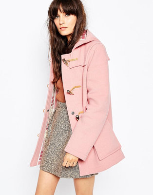Gloverall 專櫃正品 英國製 粉紅色 80%羊毛連帽牛角扣粗呢大衣 中長款修身外套