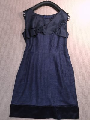 設計師專櫃 KAO MEIFEN 高美芬空軍藍棉麻拼接荷葉絲緞棉麻包臀顯瘦洋裝