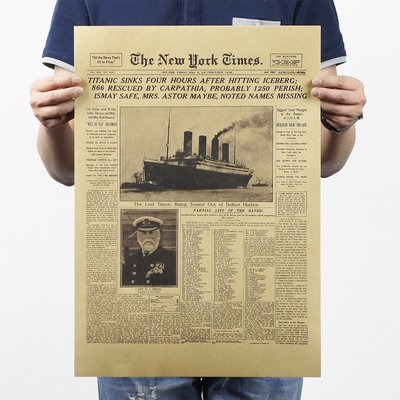 【貼貼屋】紐約時報 鐵達尼號 歷史時刻 牛皮紙 海報 壁貼 電影海報 懷舊復古 386