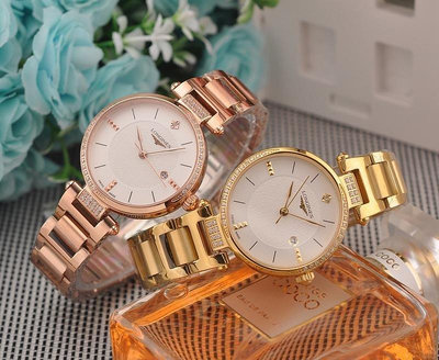直購#浪琴 女錶石英腕錶 瑞士石英-3針機芯 玫瑰金鋼帶貝殼面手錶 鑲鑽防水女錶直徑33mm 厚度8mm