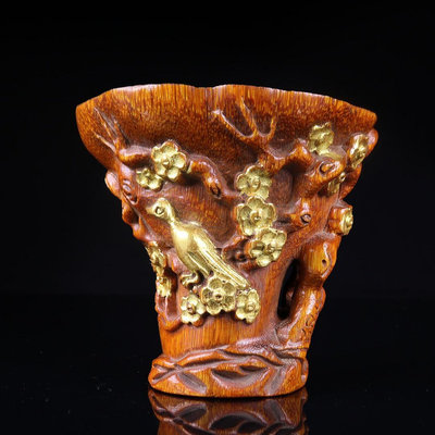 清代老牛角雕刻牛角杯擺件古董古玩舊貨收藏描金工藝純天然牛角杯