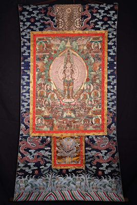 西藏寺院收明代頂級畫師純手工純天然礦物顏料純手繪藏傳《十一面千手千眼觀音菩薩》佛像真皮唐卡 畫心用真皮2295