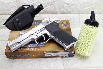 [01] KWC M4505 手槍 空氣槍 銀 + 奶瓶 + 槍套 ( BB槍BB彈COLT柯特M1911玩具槍V12