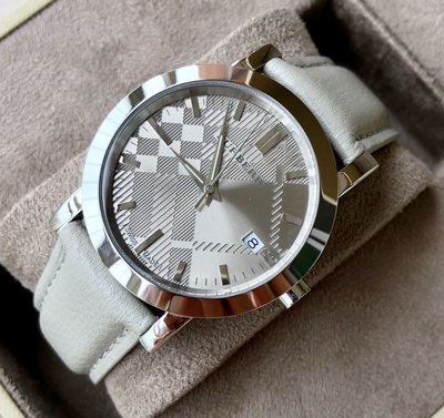 BURBERRY 格紋灰色錶盤 灰色真皮錶帶 石英 男士手錶 BU1754