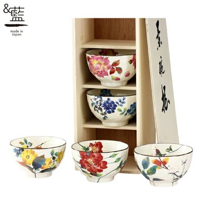 日本製和藍 美濃燒手繪碗組 五入 新款 附木盒子 玫瑰雅