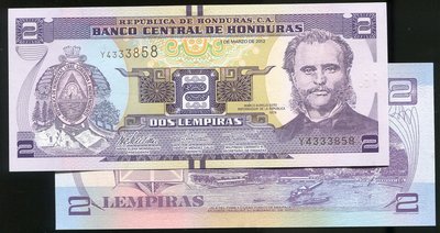 HONDURAS (宏都拉斯紙幣)， P97 , 2-LEMP. , 2012 , 品相全新UNC