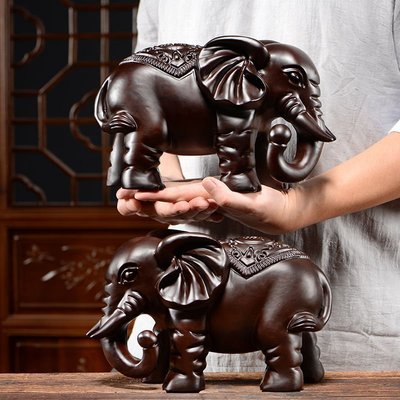 熱銷 -黑檀木雕大象擺件一對實木大象電視柜玄關客廳家居桌面裝飾工藝品-特價
